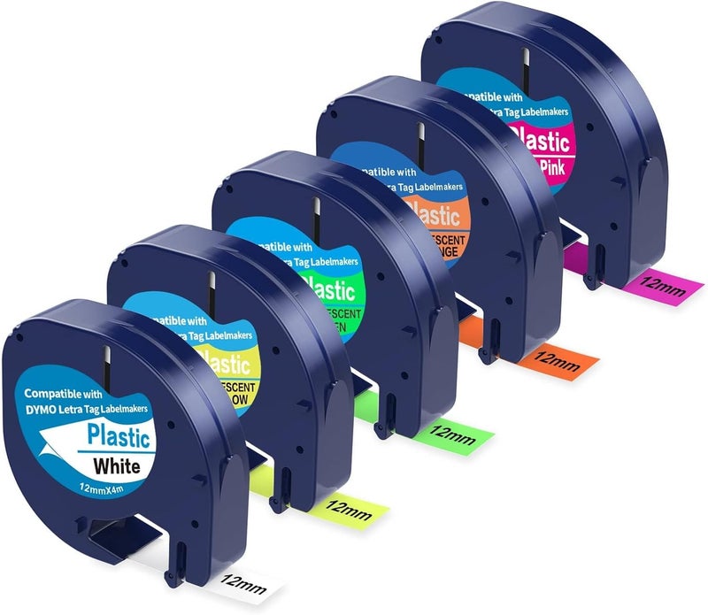 PROFICETIK 5 Pack Compatible with Dymo Letratag Refills Replacement for Dymo Label Maker Refills 12mm x 4m(1/2" x 13') Colored Plastic Label Tape for Letra Tag LT 100H 100T QX50 Handheld Label Maker Tape Refill - Image 1